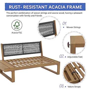 Soleil Jardin 4 Piece Acacia Wood Patio Furniture L-Shaped Outdoor Sectional Sofa Set with Coffee Table, FSC Certified Conversation Set with Built-in Side Table and Grey Cushions for Garden