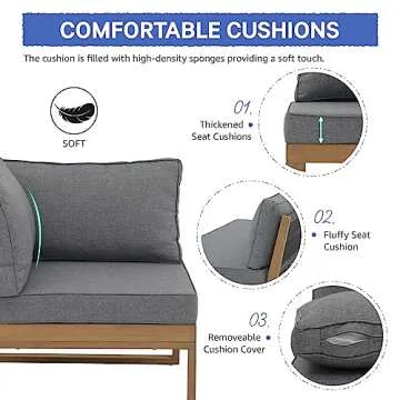 Soleil Jardin 4 Piece Acacia Wood Patio Furniture L-Shaped Outdoor Sectional Sofa Set with Coffee Table, FSC Certified Conversation Set with Built-in Side Table and Grey Cushions for Garden