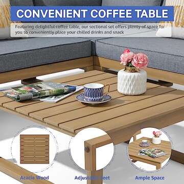 Soleil Jardin 4 Piece Acacia Wood Patio Furniture L-Shaped Outdoor Sectional Sofa Set with Coffee Table, FSC Certified Conversation Set with Built-in Side Table and Grey Cushions for Garden