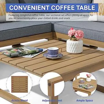 Soleil Jardin 4 Piece Acacia Wood Patio Furniture L-Shaped Outdoor Sectional Sofa Set with Coffee Table, FSC Certified Conversation Set with Built-in Side Table and Grey Cushions for Garden