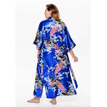 BABEYOND Women's Long Satin Kimono Robe with Peacock Prints