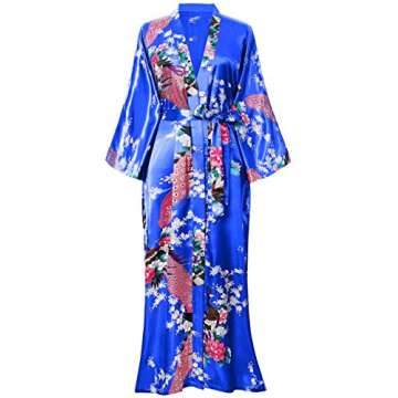 BABEYOND Women's Long Satin Kimono Robe with Peacock Prints