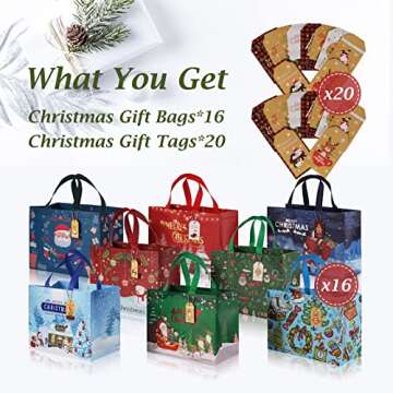 16 Pack Christmas Gift Bags with Gift Tags, Medium Size 12.8 X 9.8 X 6.7 Inches with Handle，Reusable Tote Bags For Xmas Gifts Wrapping, Presents, Shopping, Party