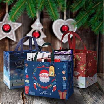 16 Pack Christmas Gift Bags with Gift Tags, Medium Size 12.8 X 9.8 X 6.7 Inches with Handle，Reusable Tote Bags For Xmas Gifts Wrapping, Presents, Shopping, Party