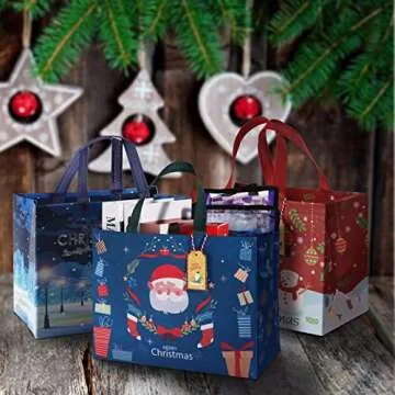 16 Pack Christmas Gift Bags with Gift Tags, Medium Size 12.8 X 9.8 X 6.7 Inches with Handle，Reusable Tote Bags For Xmas Gifts Wrapping, Presents, Shopping, Party