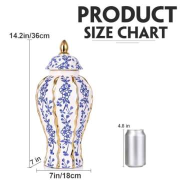 14.2in White and Gold Blue Luxury Ceramic Ginger Jar Vase with Lid - Modern Geometry Ginger Jar Deco...
