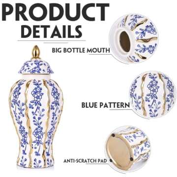 14.2in White and Gold Blue Luxury Ceramic Ginger Jar Vase with Lid - Modern Geometry Ginger Jar Decorative Vase for Home Decor, Living Room, Kitchen, Dining Table, Cabinet Decor, Storage Ginger Jar