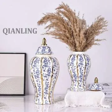 14.2in White and Gold Blue Luxury Ceramic Ginger Jar Vase with Lid - Modern Geometry Ginger Jar Decorative Vase for Home Decor, Living Room, Kitchen, Dining Table, Cabinet Decor, Storage Ginger Jar