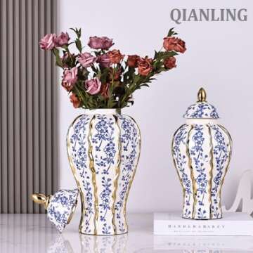 14.2in White and Gold Blue Luxury Ceramic Ginger Jar Vase with Lid - Modern Geometry Ginger Jar Decorative Vase for Home Decor, Living Room, Kitchen, Dining Table, Cabinet Decor, Storage Ginger Jar