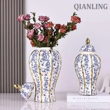 14.2in White and Gold Blue Luxury Ceramic Ginger Jar Vase with Lid - Modern Geometry Ginger Jar Decorative Vase for Home Decor, Living Room, Kitchen, Dining Table, Cabinet Decor, Storage Ginger Jar