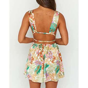 Women Y2K Floral Mini Dresses Sleeveless Backless V Neck Cutout Ruched Dress A Line Club Party Short Dress