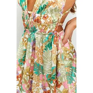 Women Y2K Floral Mini Dresses Sleeveless Backless V Neck Cutout Ruched Dress A Line Club Party Short Dress