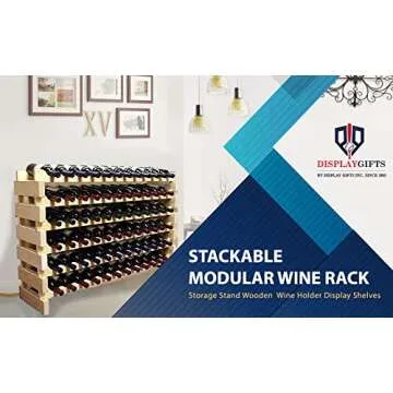 DisplayGifts Freestanding Stackable Storage Stand Display Shelves Wine Rack Wobble-Free 48 Bottle Capacity 8 X Rows, Pine Wood (Natural Pine, Unfinished)