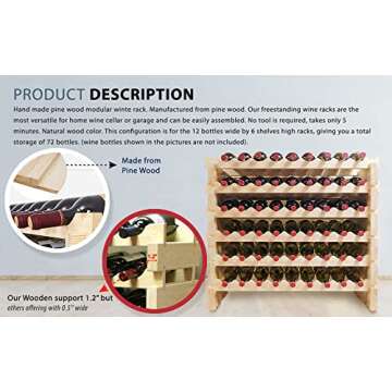 DisplayGifts Freestanding Stackable Storage Stand Display Shelves Wine Rack Wobble-Free 48 Bottle Capacity 8 X Rows, Pine Wood (Natural Pine, Unfinished)