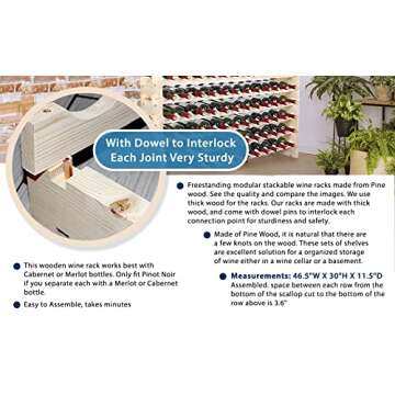 DisplayGifts Freestanding Stackable Storage Stand Display Shelves Wine Rack Wobble-Free 48 Bottle Capacity 8 X Rows, Pine Wood (Natural Pine, Unfinished)