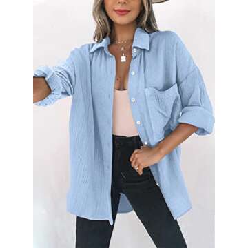 Dokotoo Women's Casual Roll Up Long Sleeve Shirts for Women Button Down V Neck Collared Shirts Solid...