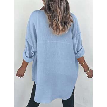 Dokotoo Women's Casual Roll Up Long Sleeve Shirts for Women Button Down V Neck Collared Shirts Solid Lightweight Cover Ups Boyfriend Resort Wear Spring Blouses Tops with Pockets Sky Blue S