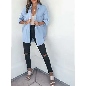 Dokotoo Women's Casual Roll Up Long Sleeve Shirts for Women Button Down V Neck Collared Shirts Solid Lightweight Cover Ups Boyfriend Resort Wear Spring Blouses Tops with Pockets Sky Blue S