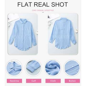 Dokotoo Women's Casual Roll Up Long Sleeve Shirts for Women Button Down V Neck Collared Shirts Solid Lightweight Cover Ups Boyfriend Resort Wear Spring Blouses Tops with Pockets Sky Blue S