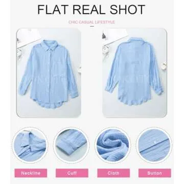 Dokotoo Women's Casual Roll Up Long Sleeve Shirts for Women Button Down V Neck Collared Shirts Solid Lightweight Cover Ups Boyfriend Resort Wear Spring Blouses Tops with Pockets Sky Blue S