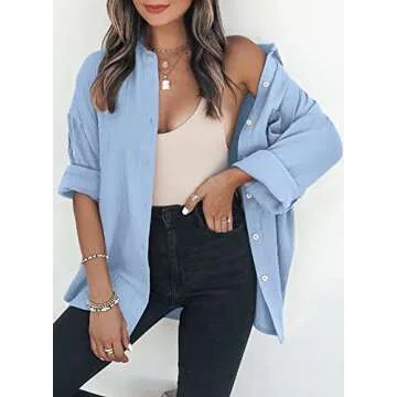 Dokotoo Women's Casual Roll Up Long Sleeve Shirts for Women Button Down V Neck Collared Shirts Solid Lightweight Cover Ups Boyfriend Resort Wear Spring Blouses Tops with Pockets Sky Blue S