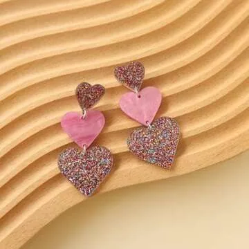 Heart Dangle Earrings Acrylic Cute Hot Pink Rave Earrings Heart Shaped Earrings Women Valentine's Day Gift