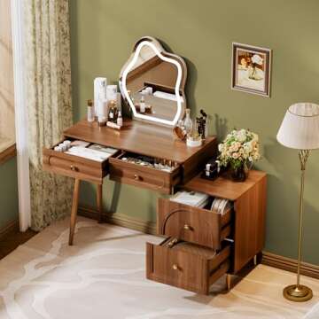 Chrangmay Brown Stylish Corner Makeup Vanity Table，with Lighted Mirror and 4 Spacious Drawers，Be...
