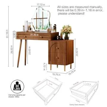 Chrangmay Brown Stylish Corner Makeup Vanity Table，with Lighted Mirror and 4 Spacious Drawers，Bedroom Essential Dressing Table with Nightstand，Modern Minimalist Writing Desk for Girls
