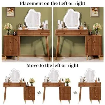 Chrangmay Brown Stylish Corner Makeup Vanity Table，with Lighted Mirror and 4 Spacious Drawers，Bedroom Essential Dressing Table with Nightstand，Modern Minimalist Writing Desk for Girls