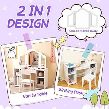 Costzon Kids Vanity, 2 in 1 Princess Makeup Desk & Chair Set with Detachable Tri-Folding Mirror, Sto...