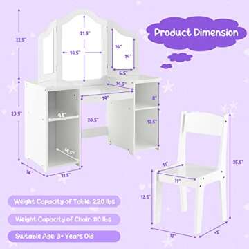 Costzon Kids Vanity, 2 in 1 Princess Makeup Desk & Chair Set with Detachable Tri-Folding Mirror, Storage Shelves, Wooden Toddler Vanity Dressing Table, Pretend Play Vanity Set for Little Girls (White)