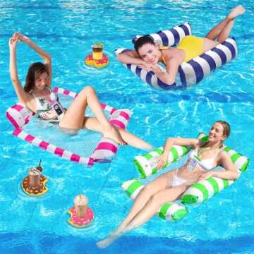 3 Pack Inflatable Pool Floats Adult, 4-in-1 Multi-Purpose Pool Float Rafts Water Hammock with Cup Ho...
