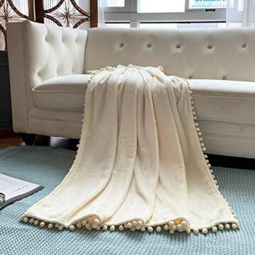 LOMAO Flannel Blanket with Pompom Fringe Lightweight Cozy Bed Blanket Soft Throw Blanket fit Couch Sofa Suitable for All Season(Ivory, 51''x 63'')