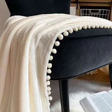 LOMAO Flannel Blanket with Pompom Fringe Lightweight Cozy Bed Blanket Soft Throw Blanket fit Couch Sofa Suitable for All Season(Ivory, 51''x 63'')