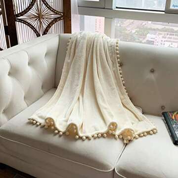 LOMAO Flannel Blanket with Pompom Fringe Lightweight Cozy Bed Blanket Soft Throw Blanket fit Couch Sofa Suitable for All Season(Ivory, 51''x 63'')