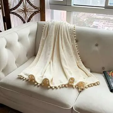 LOMAO Flannel Blanket with Pompom Fringe Lightweight Cozy Bed Blanket Soft Throw Blanket fit Couch Sofa Suitable for All Season(Ivory, 51''x 63'')