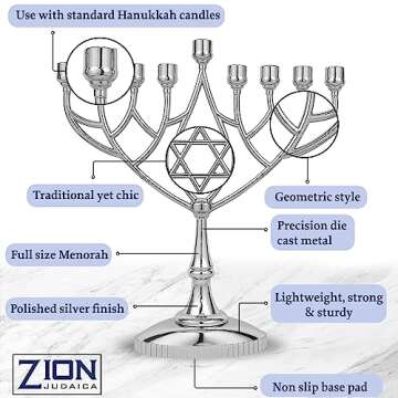 Traditional Classic Geometric Hanukkah Menorah 9" Silver Plated Chanukah Candle Minorah Fits Standard Hanukah Candles by Zion Judaica