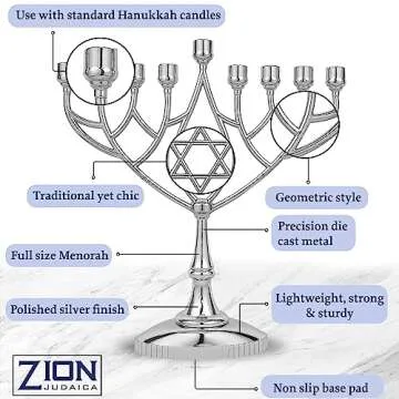 Traditional Classic Geometric Hanukkah Menorah 9" Silver Plated Chanukah Candle Minorah Fits Standard Hanukah Candles by Zion Judaica