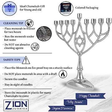 Traditional Classic Geometric Hanukkah Menorah 9" Silver Plated Chanukah Candle Minorah Fits Standard Hanukah Candles by Zion Judaica