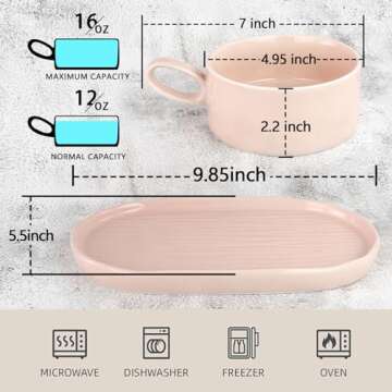 Artena Solid Soup and Sandwich Plate Combo, 16 oz Soup Bowls/Mugs/Cups with Handles in 9.85-inch Cer...