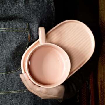 Artena Solid Soup and Sandwich Plate Combo, 16 oz Soup Bowls/Mugs/Cups with Handles in 9.85-inch Ceramic Plates, Glazed Soup and Side/Cracker Bowls Sets for Breakfast, Bread Dipping Bowls, Soft Pink