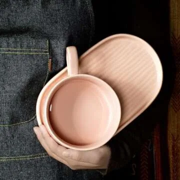 Artena Solid Soup and Sandwich Plate Combo, 16 oz Soup Bowls/Mugs/Cups with Handles in 9.85-inch Ceramic Plates, Glazed Soup and Side/Cracker Bowls Sets for Breakfast, Bread Dipping Bowls, Soft Pink