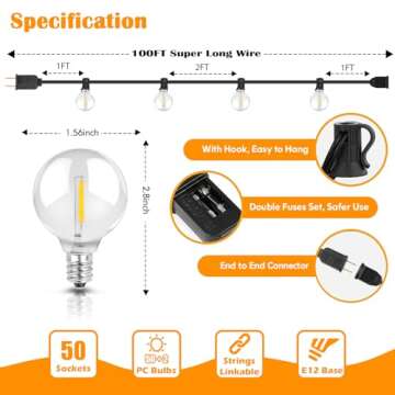 Brightever LED Outdoor String Lights 100FT Patio Lights with 52 Shatterproof G40 Edison Bulbs, Waterproof Outside Hanging Lights for Porch, Deck, Garden, Backyard, Balcony, 2700K Dimmable