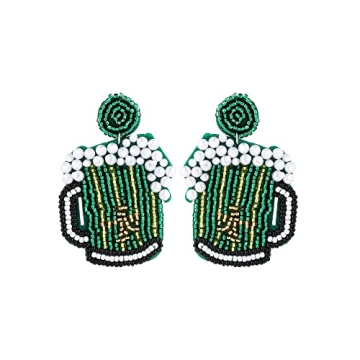 St. Patrick's Day Earrings Green Wine Glass Beaded Earrings for Women Handmade Shamrock Lucky Drop D...