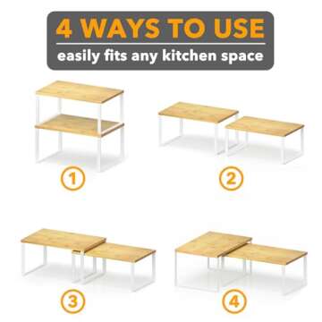 SpaceAid Cabinet Shelf Organizers 2 Pack, Kitchen Counter Rack Shelves Riser, Stackable Expandable Spice Rack, Pantry Cupboard Storage Organization (White and Natural, Short)
