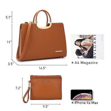 Womens Handbag Top Handle Shoulder Bag Tote Satchel Purse Work Bag with Matching Wallet (1-Brown) Large