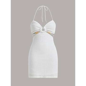 Verdusa Women's Casual Sleeveless Tie Backless Cut Out V Neck Bodycon Halter Mini Beach Boho Dress White S