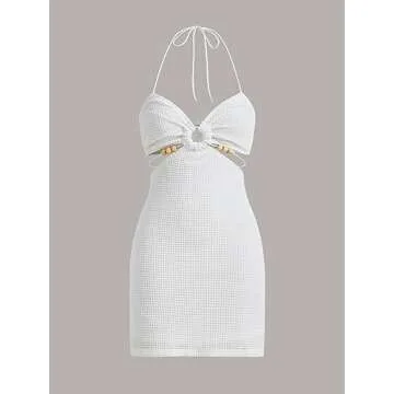 Verdusa Women's Casual Sleeveless Tie Backless Cut Out V Neck Bodycon Halter Mini Beach Boho Dress White S