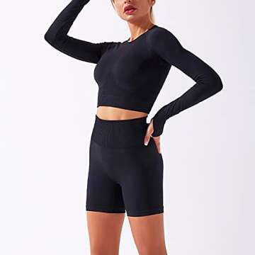 MAXHONG Women Yoga Outfits 2 Piece Sets,Seamless Ribbed High Waist Shorts Short Long Sleeve Crop Top Gym Workout Sets(Long Sleeve,Black Large)