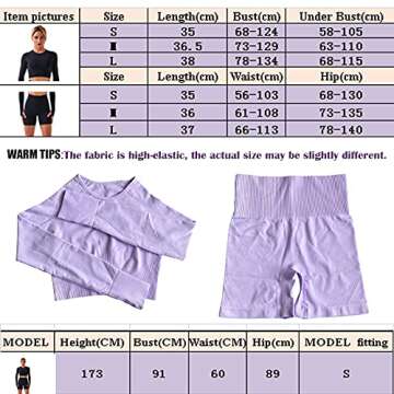 MAXHONG Women Yoga Outfits 2 Piece Sets,Seamless Ribbed High Waist Shorts Short Long Sleeve Crop Top Gym Workout Sets(Long Sleeve,Black Large)